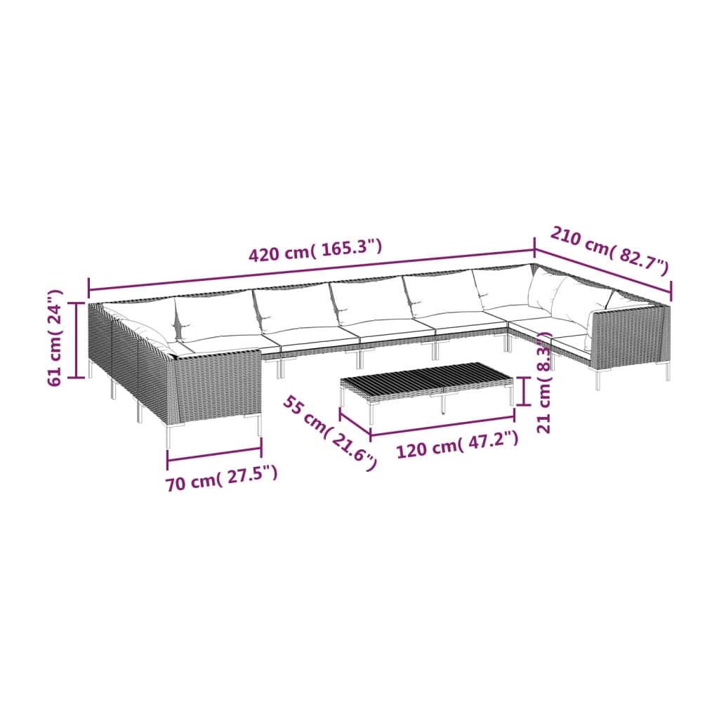 vidaXL 11 Piece Patio Lounge Set with Cushions Poly Rattan Dark Gray