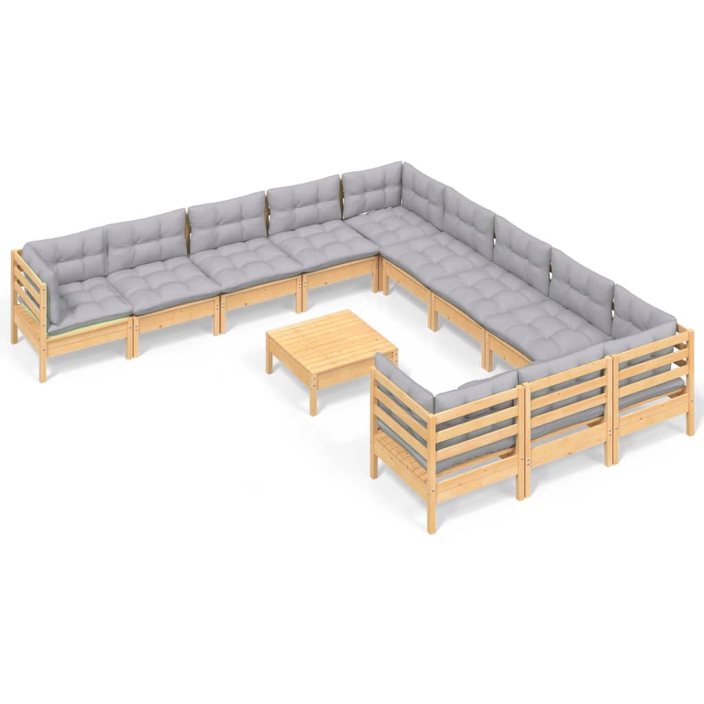 vidaXL 12 Piece Patio Lounge Set with Gray Cushions Pinewood