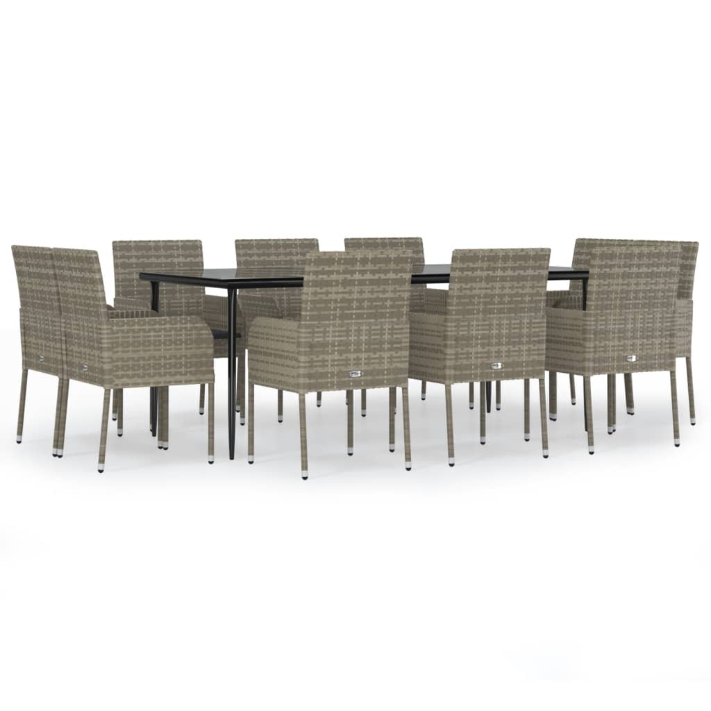 vidaXL 11 Piece Patio Dining Set with Cushions Black and Gray Poly Rattan