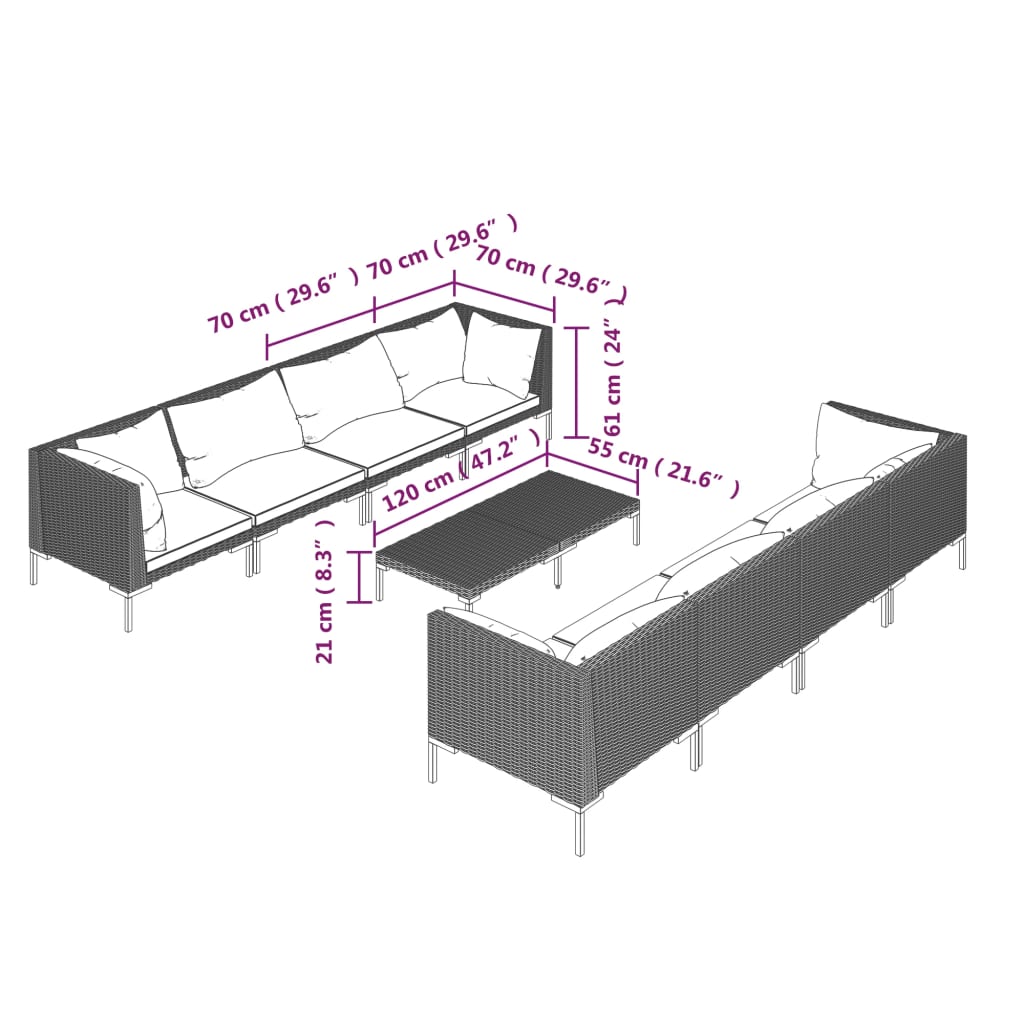 vidaXL 9 Piece Patio Lounge Set with Cushions Poly Rattan Dark Gray