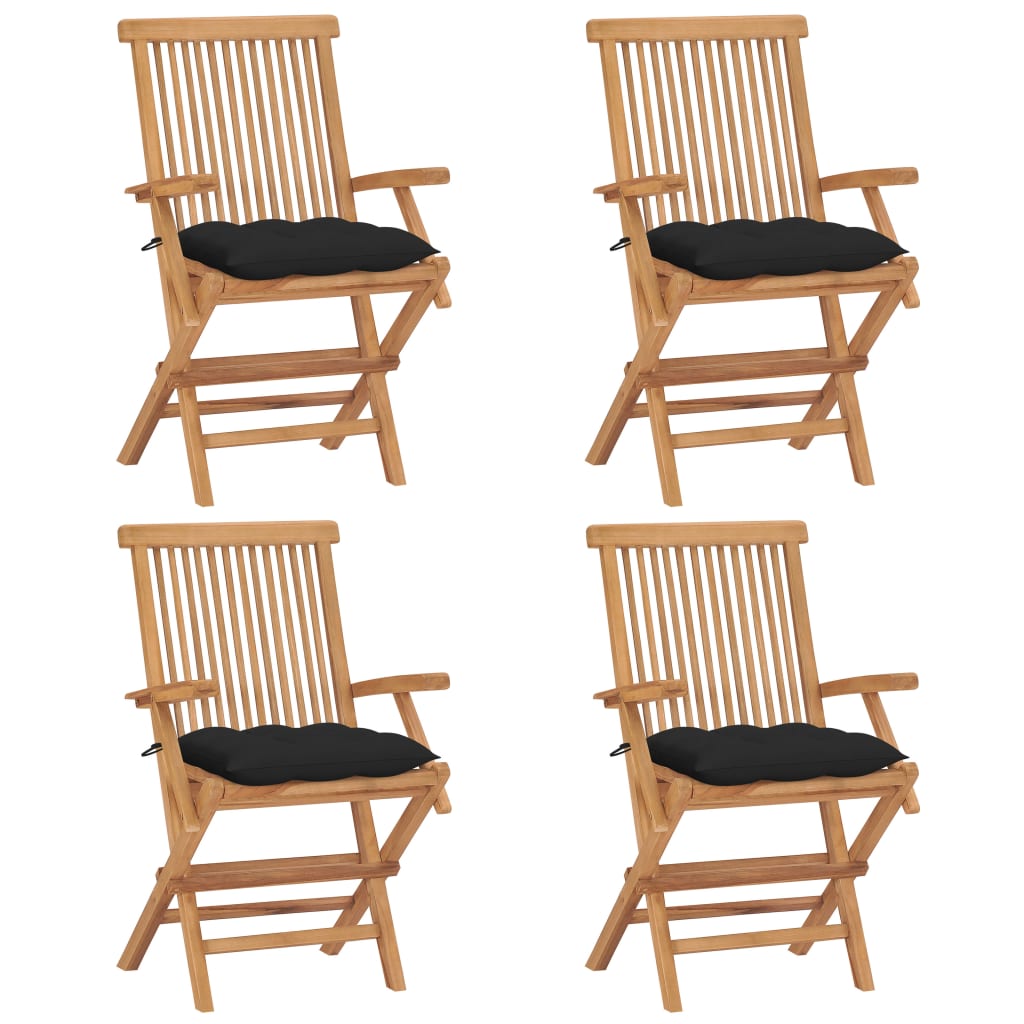 vidaXL Patio Chairs with Black Cushions 4 pcs Solid Teak Wood