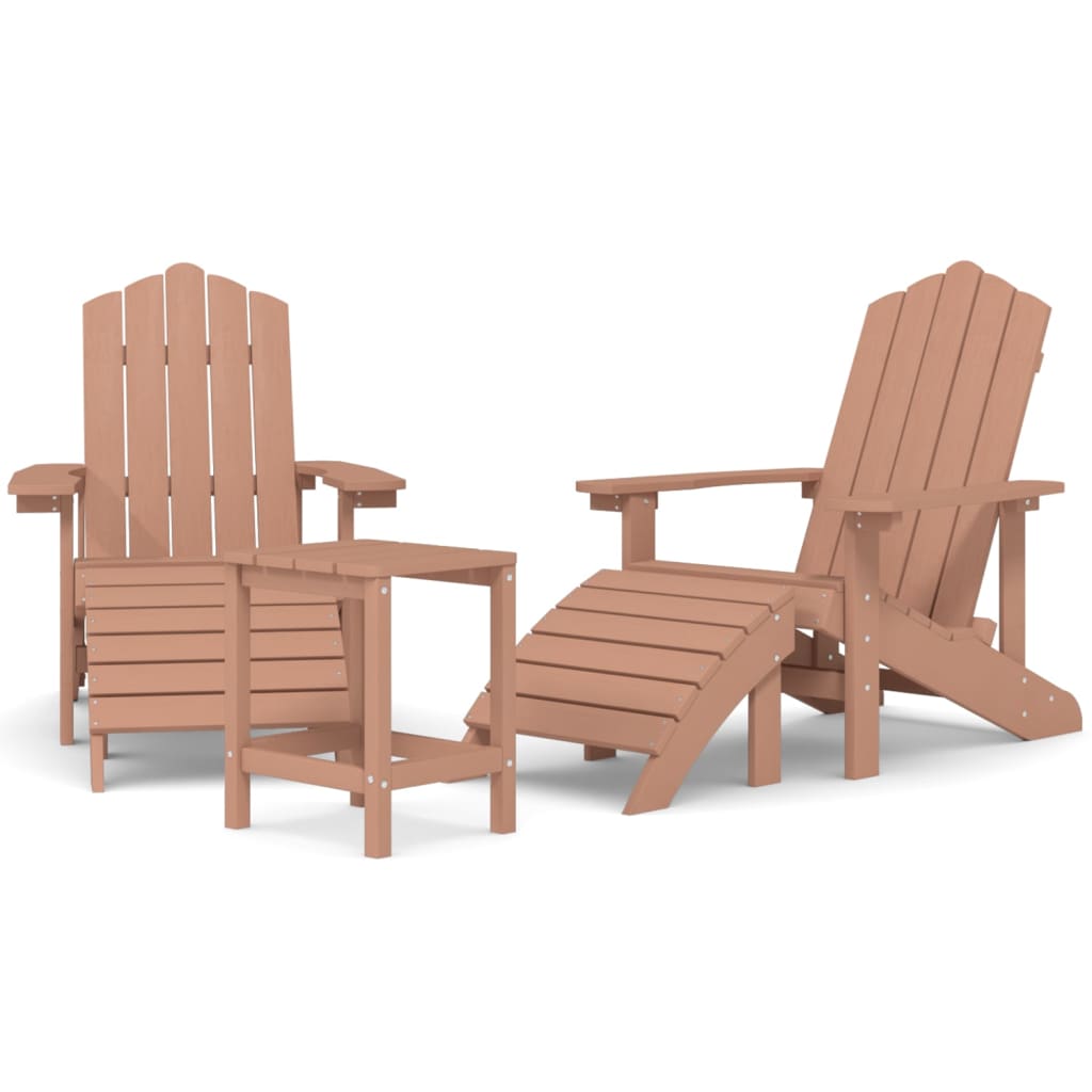 vidaXL Patio Adirondack Chairs with Footstool & Table HDPE Brown