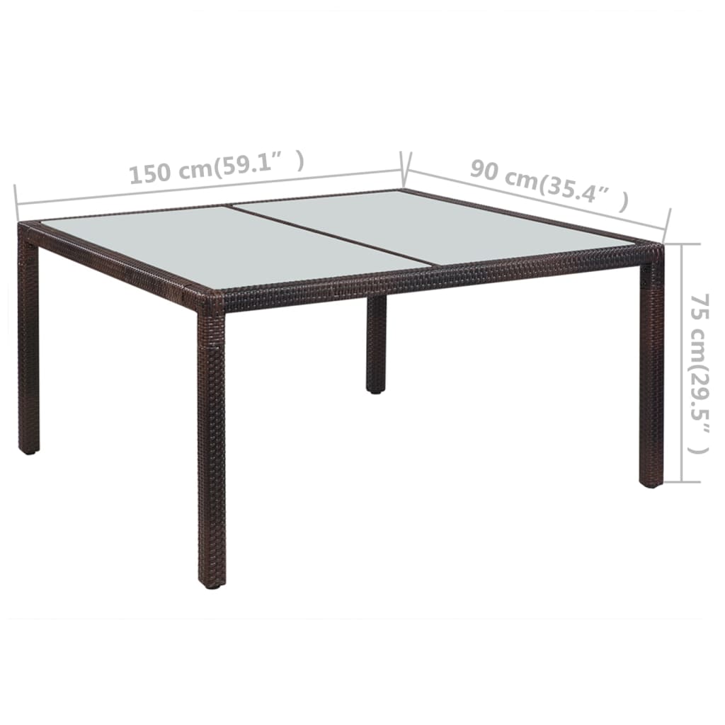 vidaXL Patio Table 59.1"x35.4"x29.5" Brown Poly Rattan and Glass