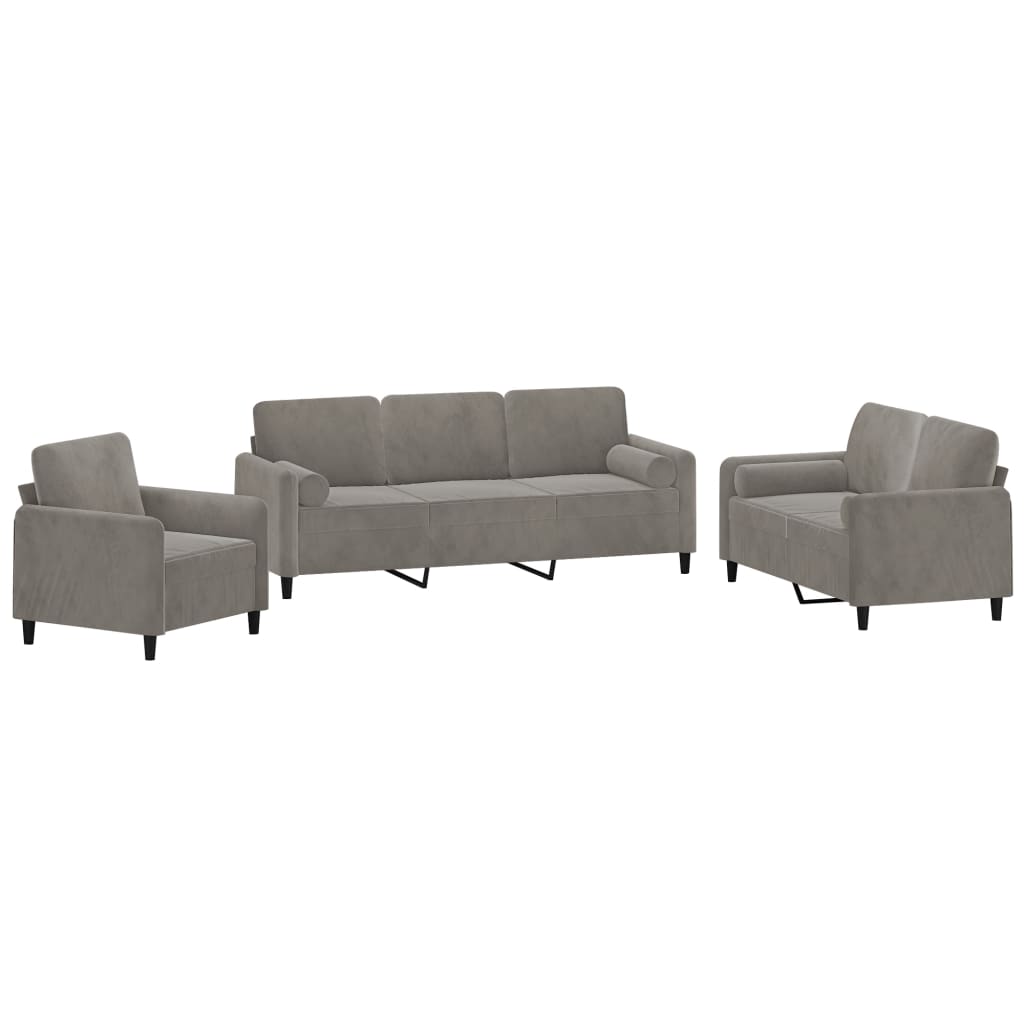 vidaXL 3 Piece Sofa Set with Throw Pillows&Cushions Light Gray Velvet