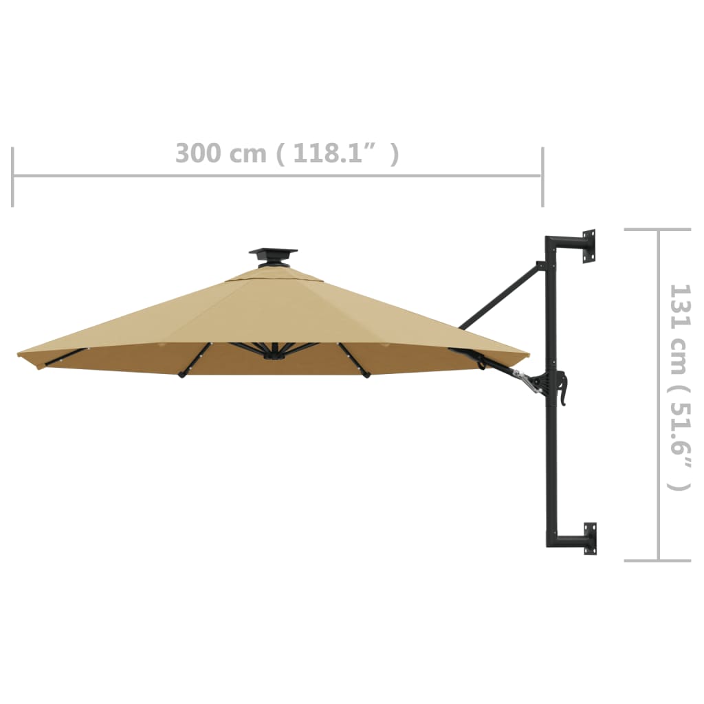 vidaXL Wall-mounted Parasol with LEDs and Metal Pole 118.1" Taupe