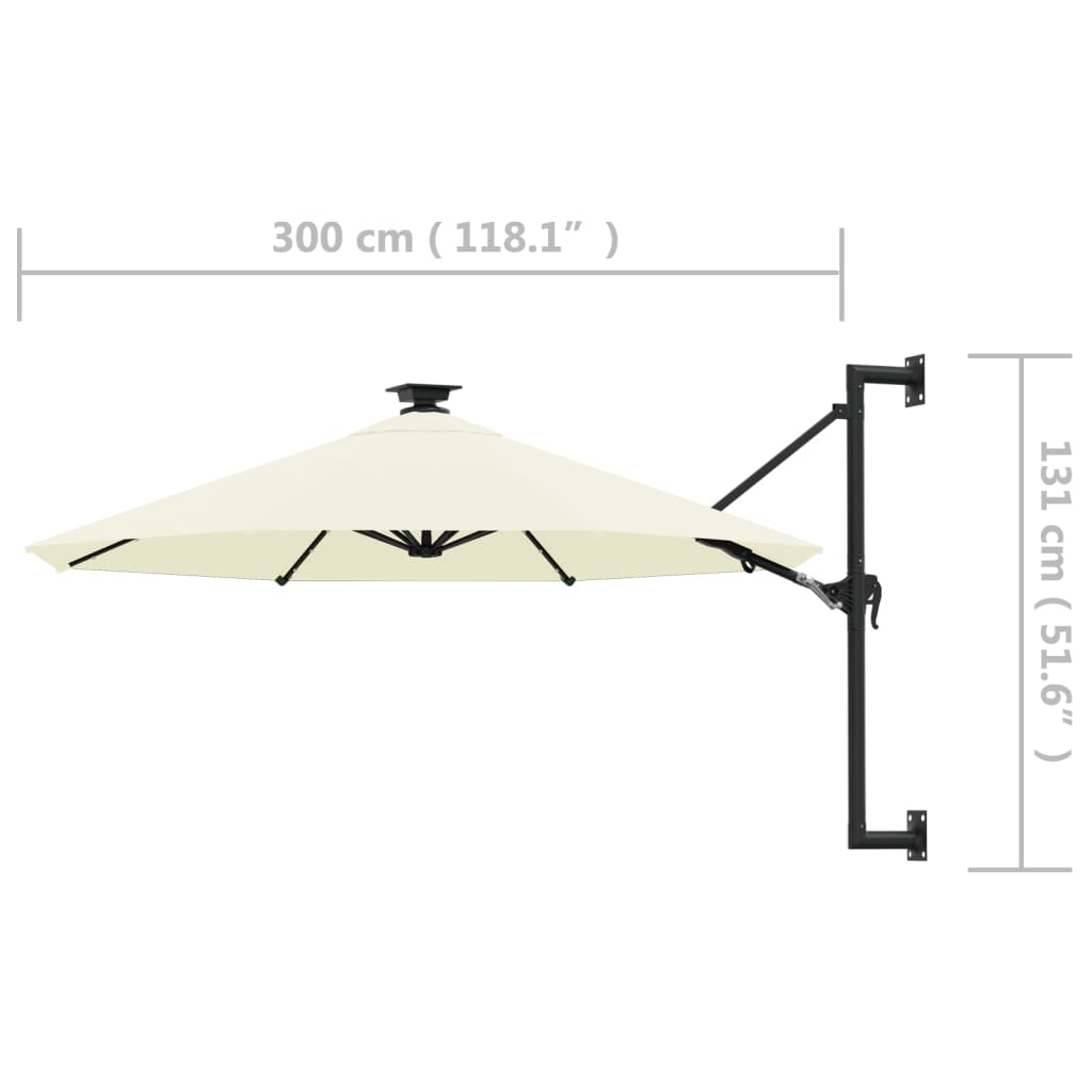 vidaXL Wall-mounted Parasol with LEDs and Metal Pole 118.1" Sand