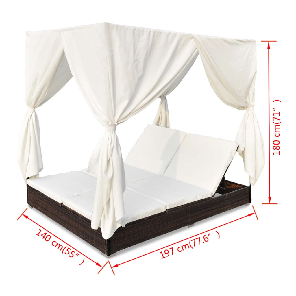 vidaXL Patio Lounge Bed with Curtains Poly Rattan Brown