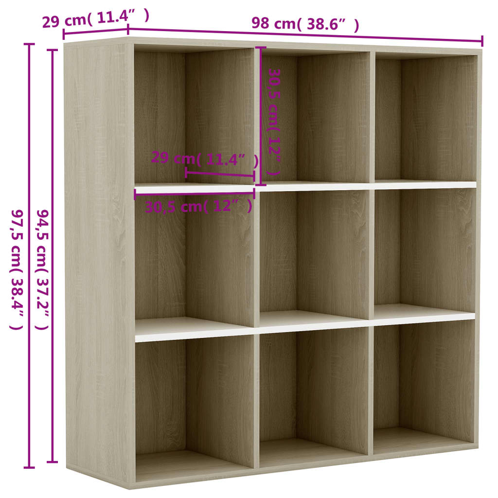 vidaXL Book Cabinet White and Sonoma Oak 38.6"x11.4"x38.4" Engineered Wood