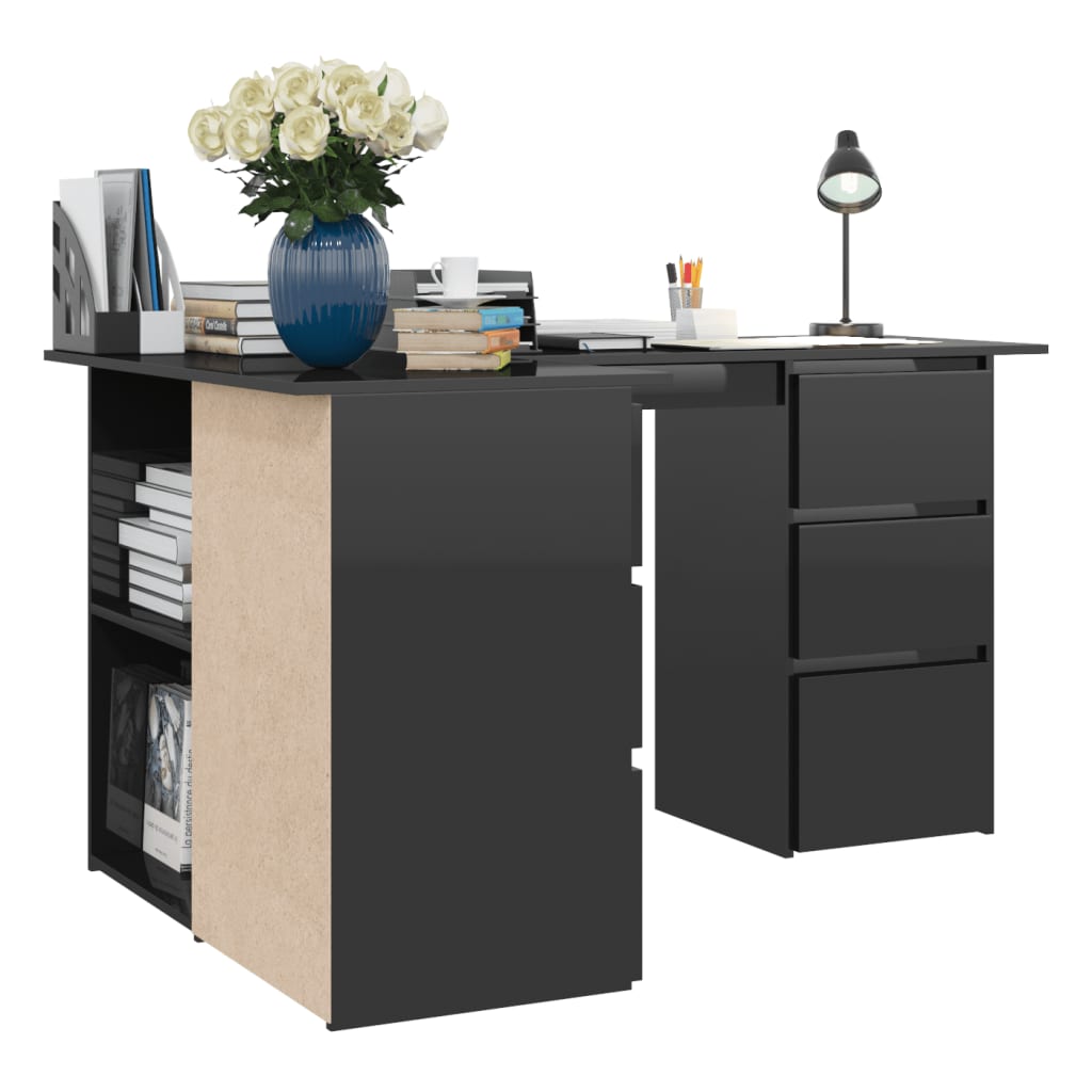 vidaXL Corner Desk High Gloss Black 57.1"x39.4"x29.9" Chipboard