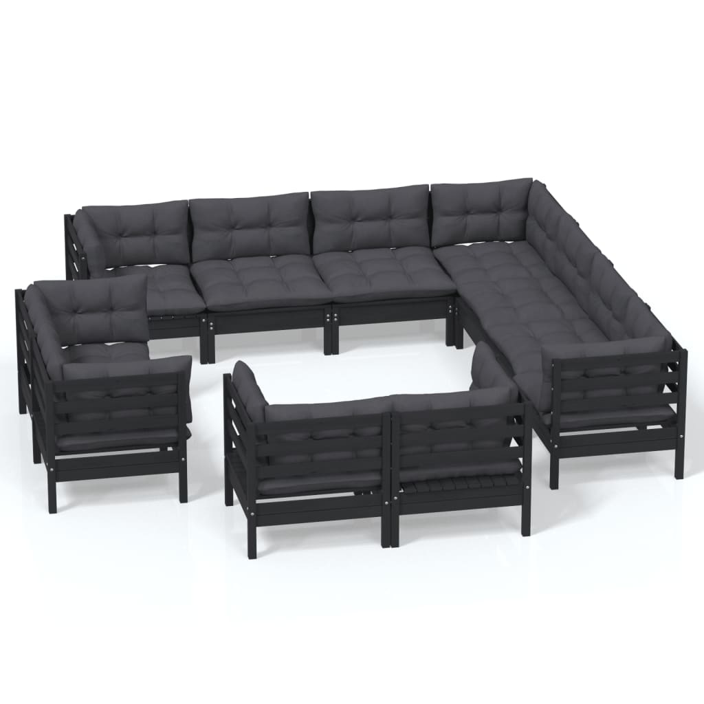 vidaXL 11 Piece Patio Lounge Set with Cushions Black Solid Pinewood