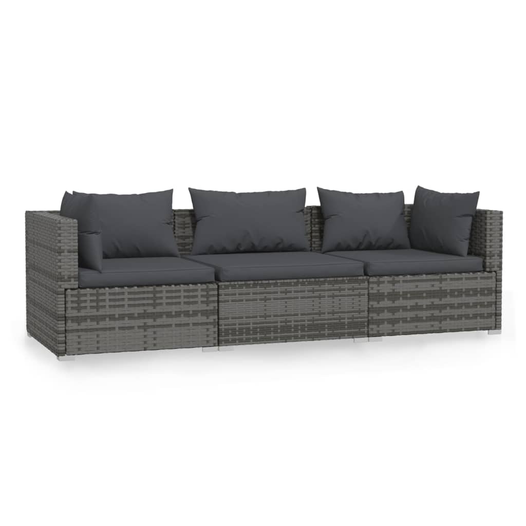 vidaXL 3-Seater Sofa with Cushions Gray Poly Rattan