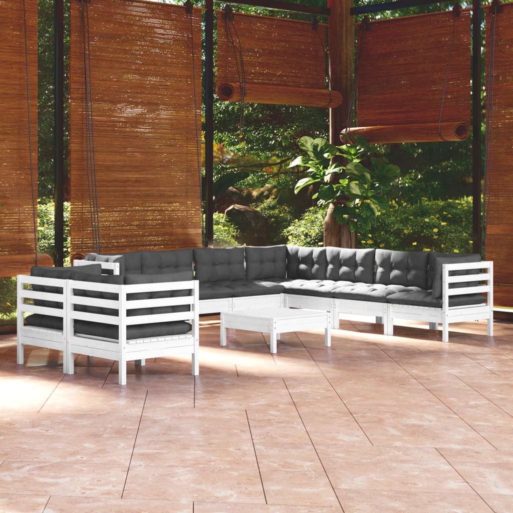 vidaXL 10 Piece Patio Lounge Set with Cushions White Solid Pinewood
