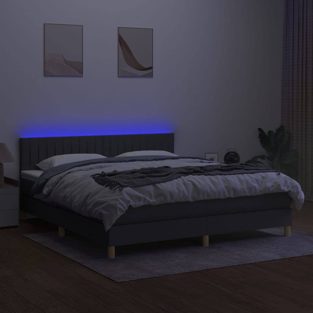 vidaXL Box Spring Bed with Mattress&LED Dark Gray California King Fabric
