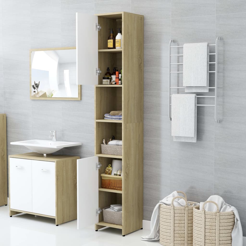 vidaXL Bathroom Cabinet White and Sonoma Oak 11.8"x11.8"x72.2" Chipboard