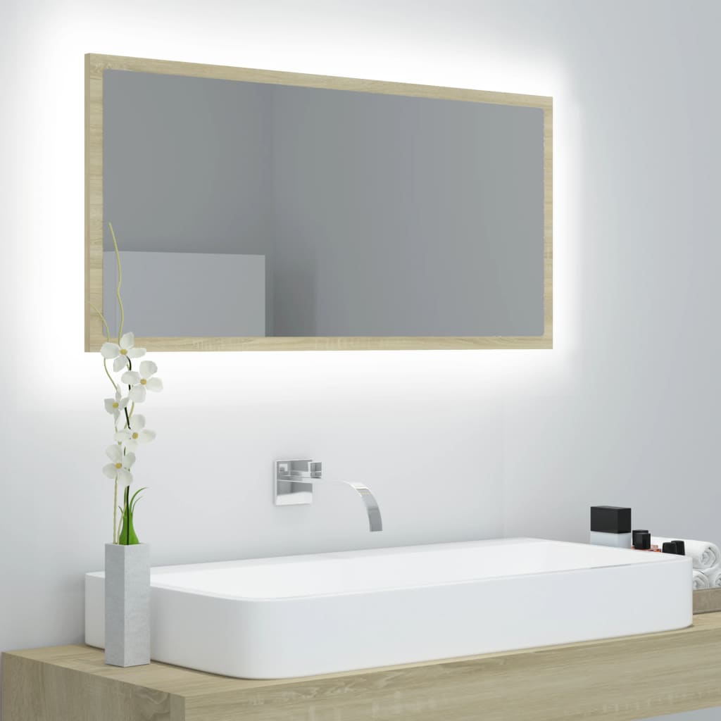 vidaXL LED Bathroom Mirror Sonoma Oak 35.4"x3.3"x14.6" Acrylic