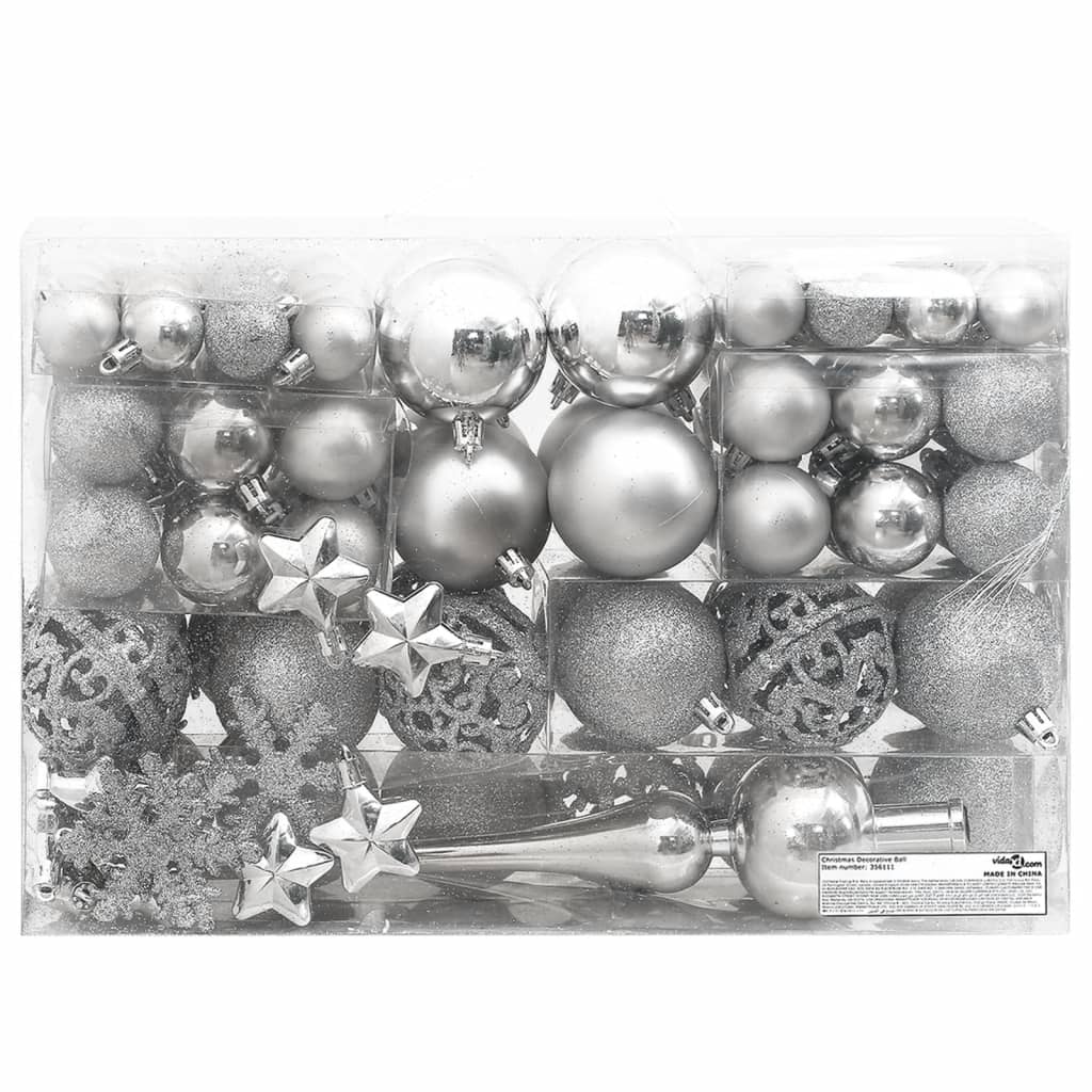 vidaXL 111 Piece Christmas Bauble Set Silver Polystyrene
