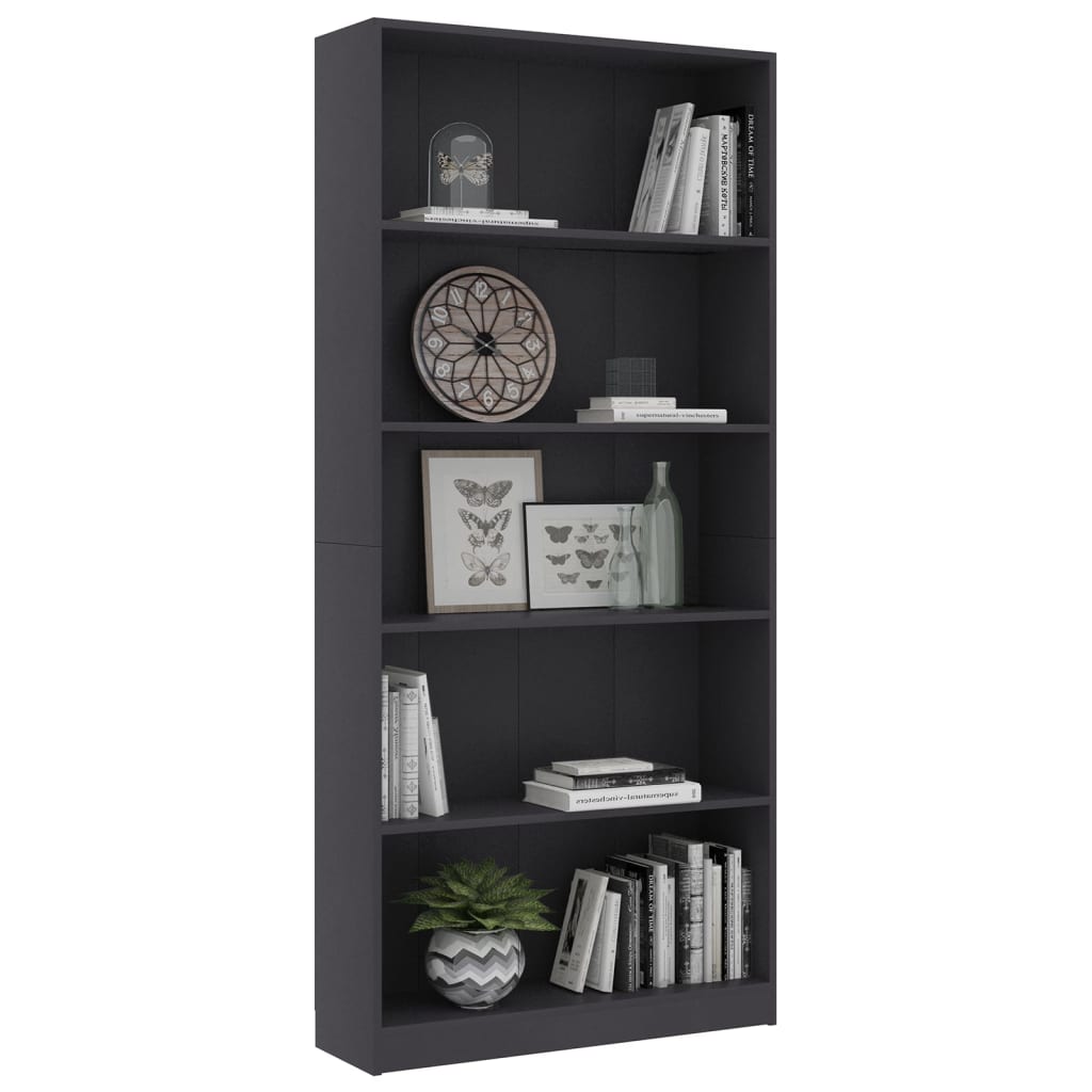 vidaXL 5-Tier Book Cabinet Gray 31.5"x9.4"x68.9" Engineered Wood