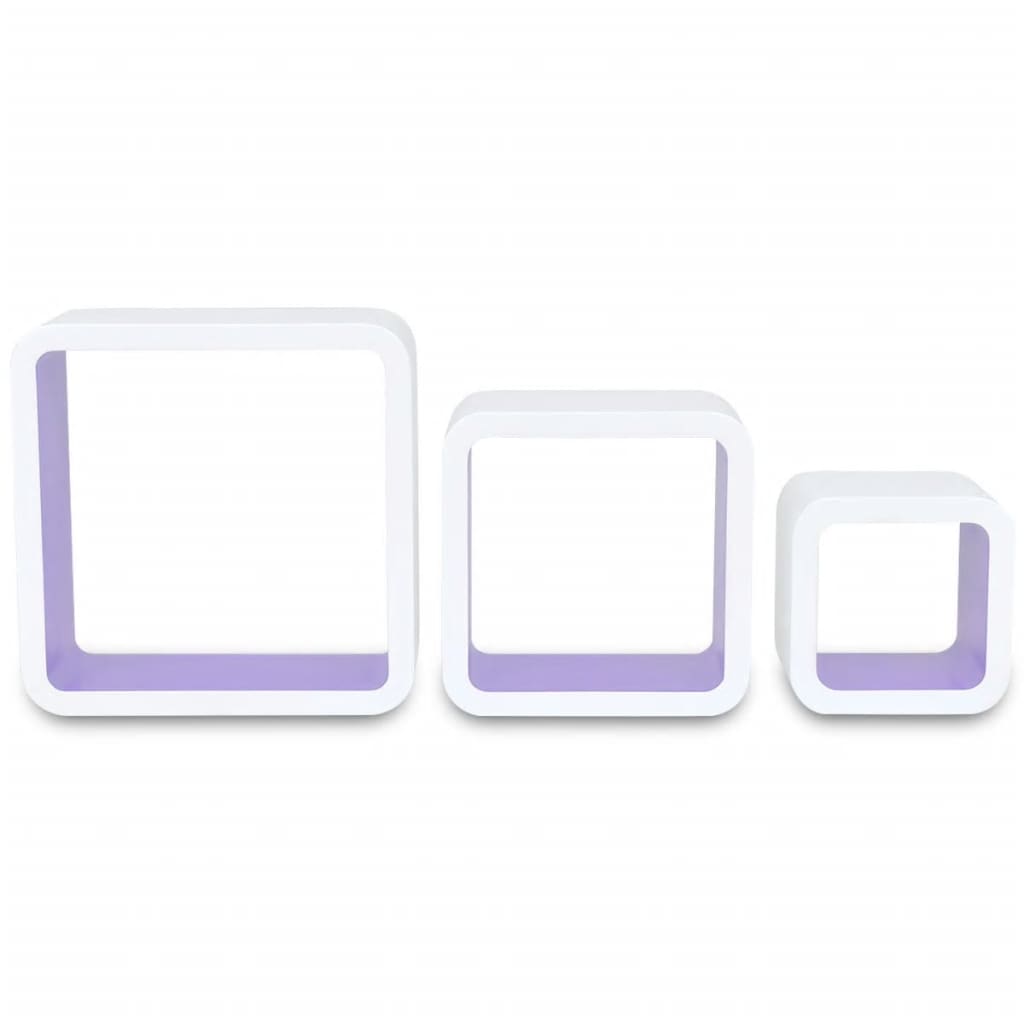 3 White-Purple MDF Floating Wall Display Shelf Cubes Book/DVD Storage