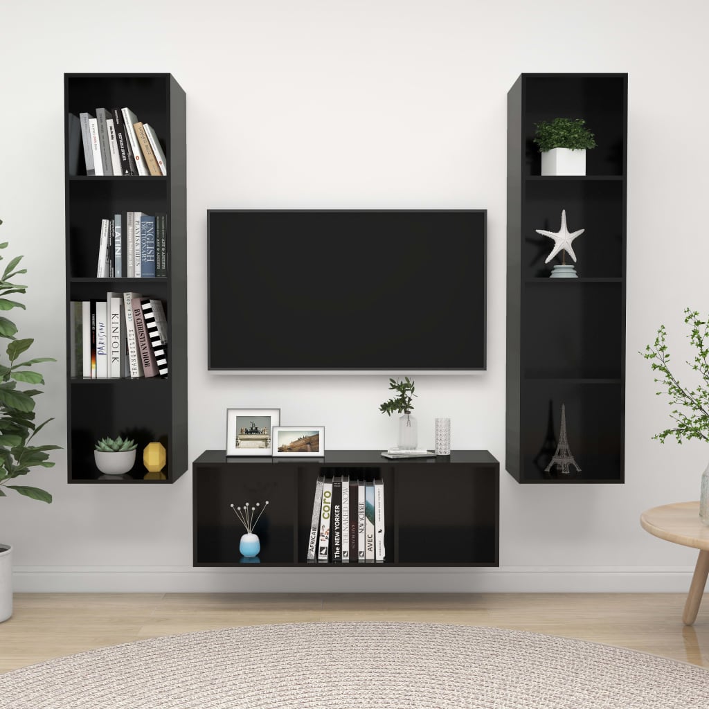 vidaXL 3 Piece TV Stand Set High Gloss Black Engineered Wood