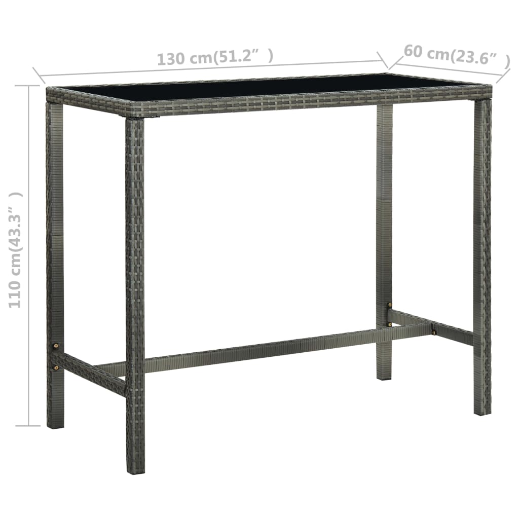 vidaXL Patio Bar Table Gray 51.2"x23.6"x43.3" Poly Rattan and Glass