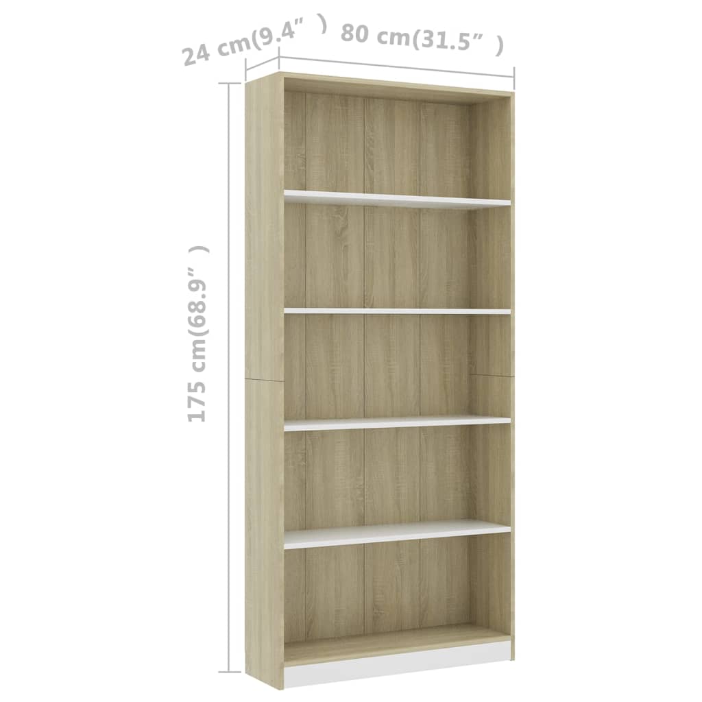 vidaXL 5-Tier Book Cabinet White and Sonoma Oak 31.5"x9.4"x68.9" Chipboard