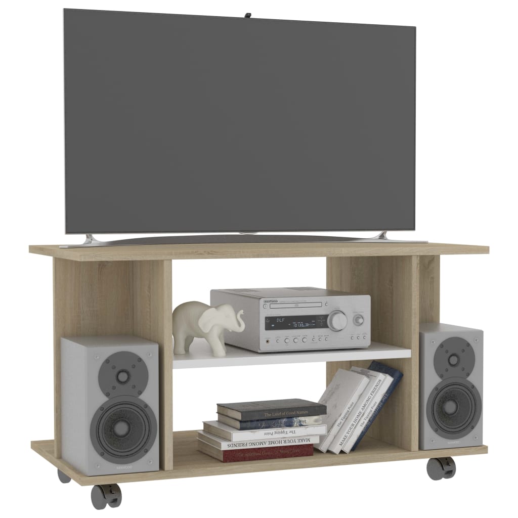 vidaXL TV Cabinet with Castors White and Sonoma Oak 31.5"x15.7"x15.7" Chipboard