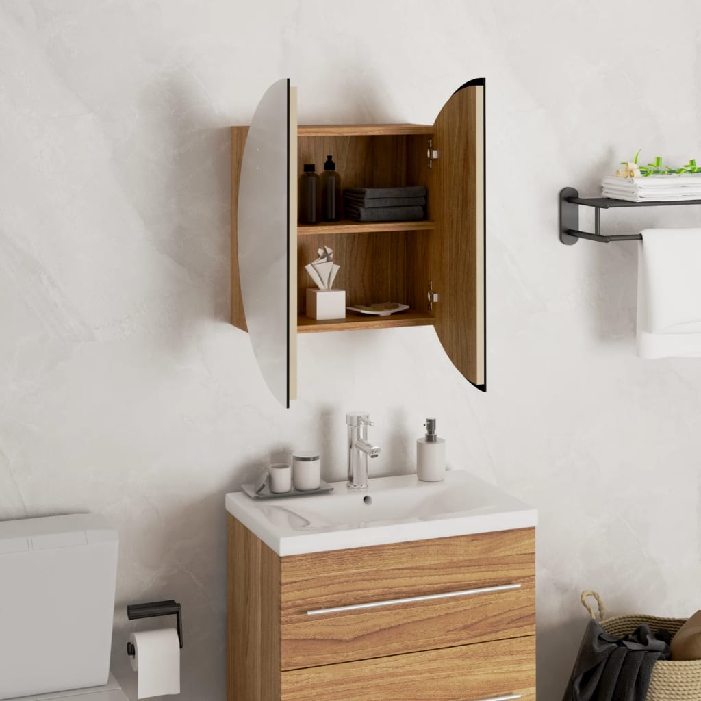 vidaXL Bathroom Cabinet with Round Mirror&LED Oak 15.7"x15.7"x6.9"