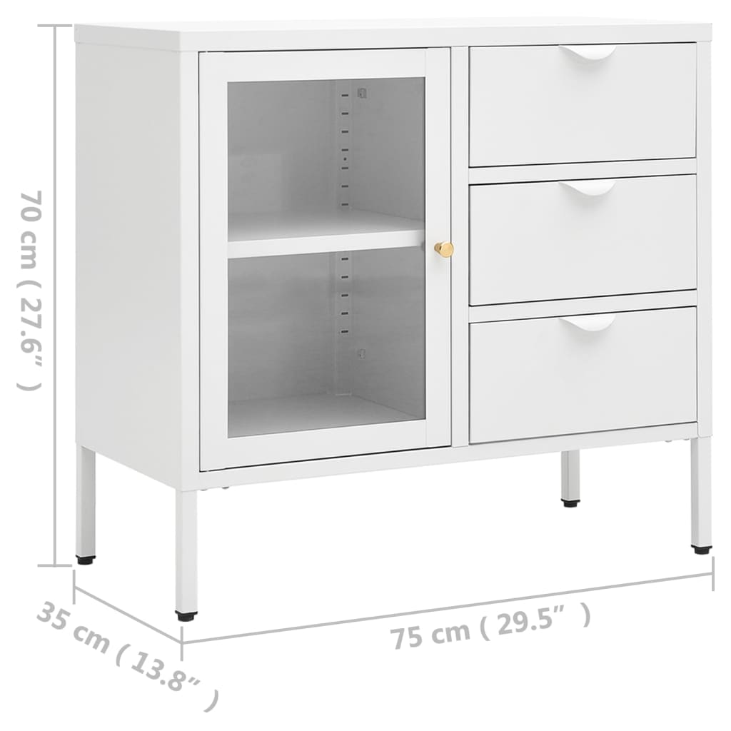 vidaXL Sideboard White 29.5"x13.8"x27.6" Steel and Tempered Glass