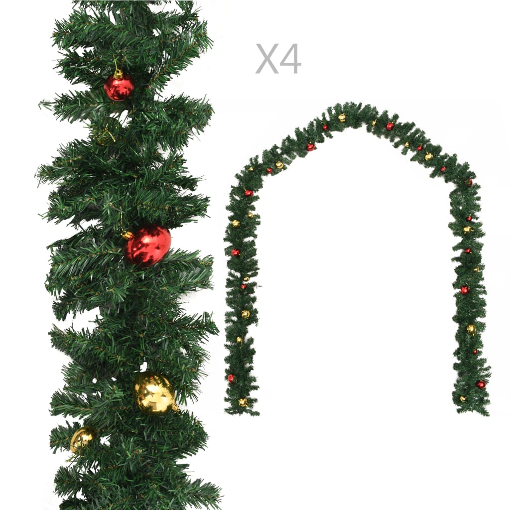 vidaXL Christmas Garlands 4 pcs with Baubles Green 106.2" PVC