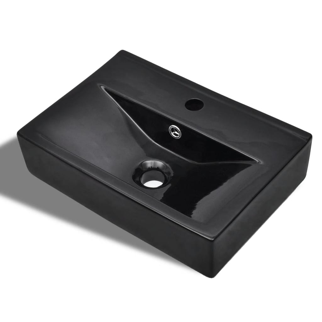 vidaXL Ceramic Bathroom Sink Basin Faucet/Overflow Hole Black Rectangular