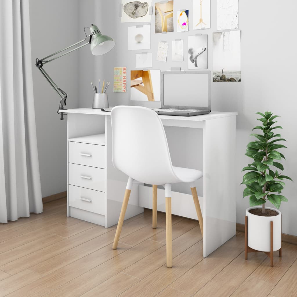vidaXL Desk with Drawers High Gloss White 43.3"x19.7"x29.9" Engineered Wood