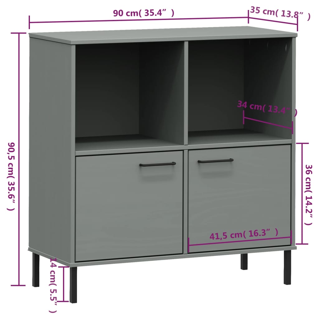 vidaXL Bookcase with Metal Legs Gray 35.4"x13.8"x35.6" Solid Wood OSLO