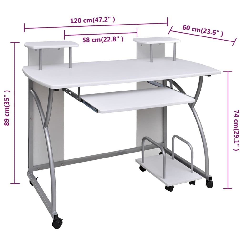 vidaXL Computer Desk with Pull-out Keyboard Tray White Cart Game Laptop Table