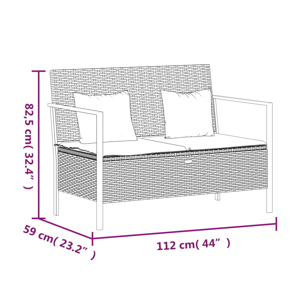 vidaXL 2-Seater Patio Bench with Cushions Gray Poly Rattan