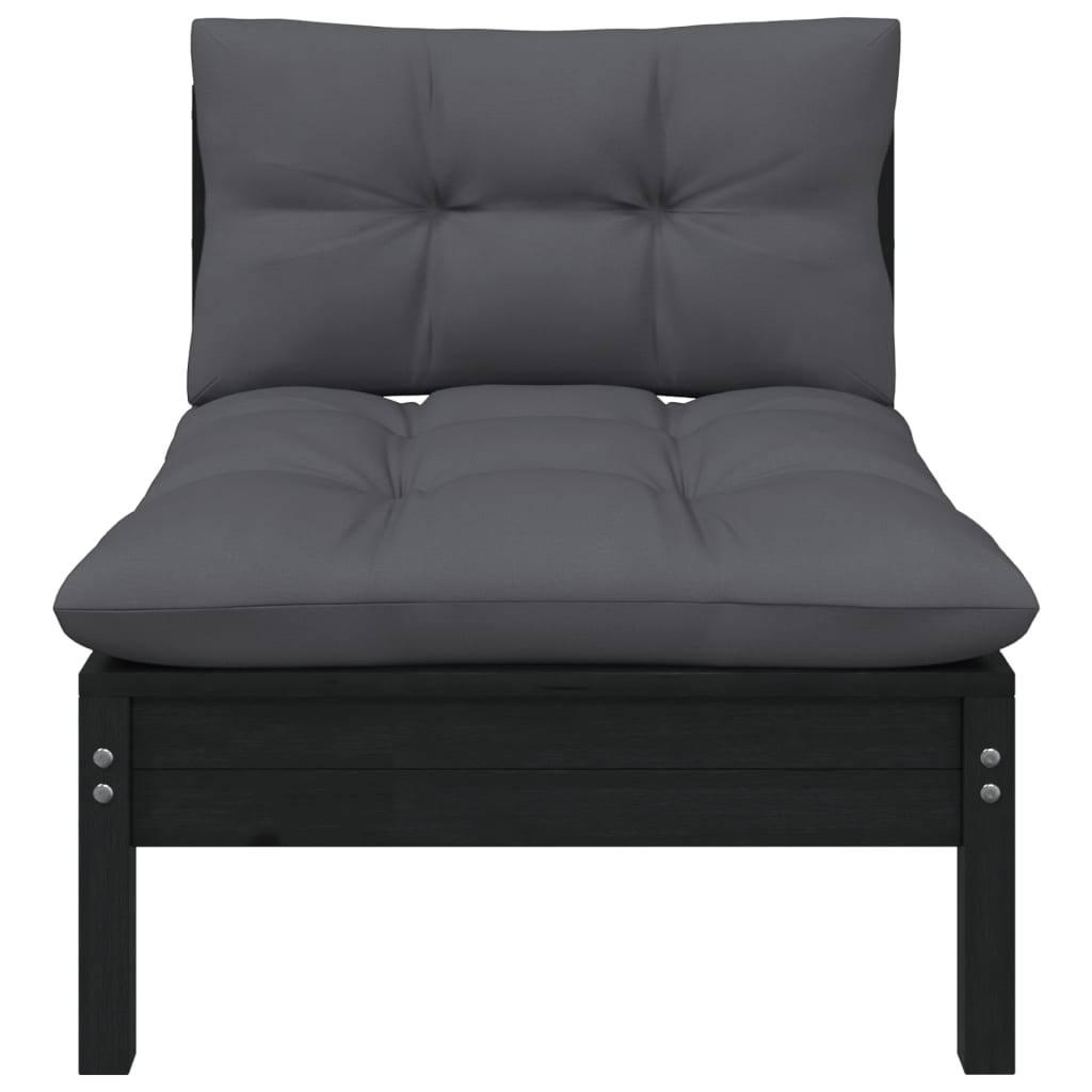 vidaXL Patio Middle Sofa with Cushions Black Solid Pinewood