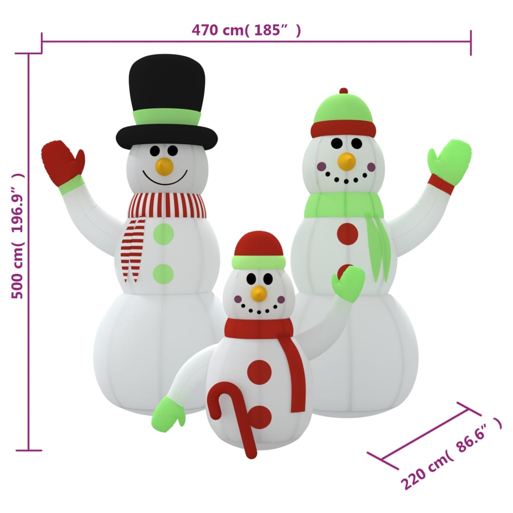 vidaXL Inflatable Snowman Family with LEDs 16 ft