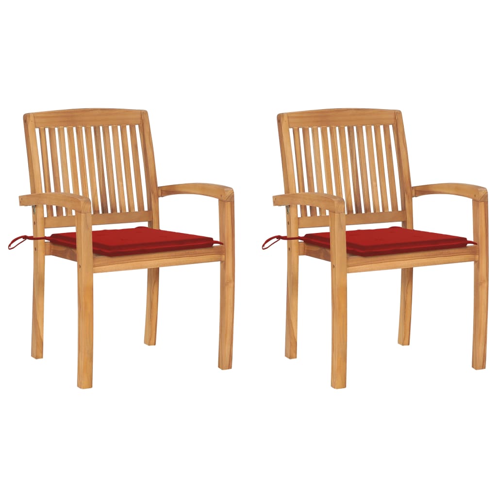 vidaXL Patio Chairs 2 pcs with Red Cushions Solid Teak Wood