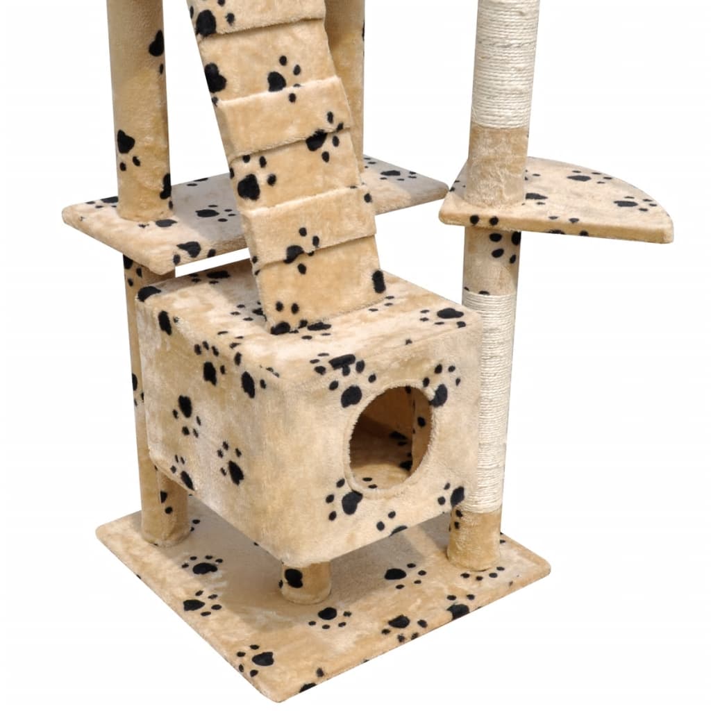 Cat Tree Scratching Post 87" - 94" 3 Condos Beige with Paw Prints