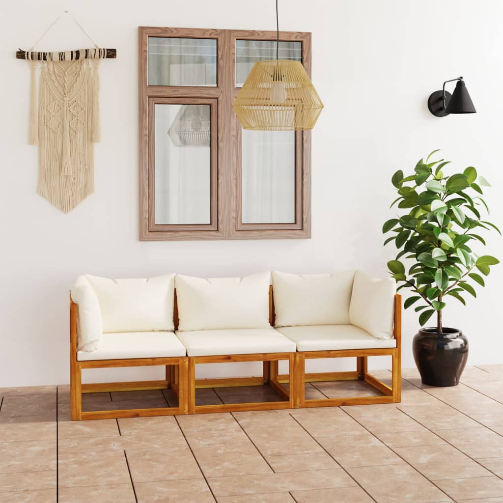 vidaXL 3-Seater Patio Sofa with Cushion Cream Solid Acacia Wood