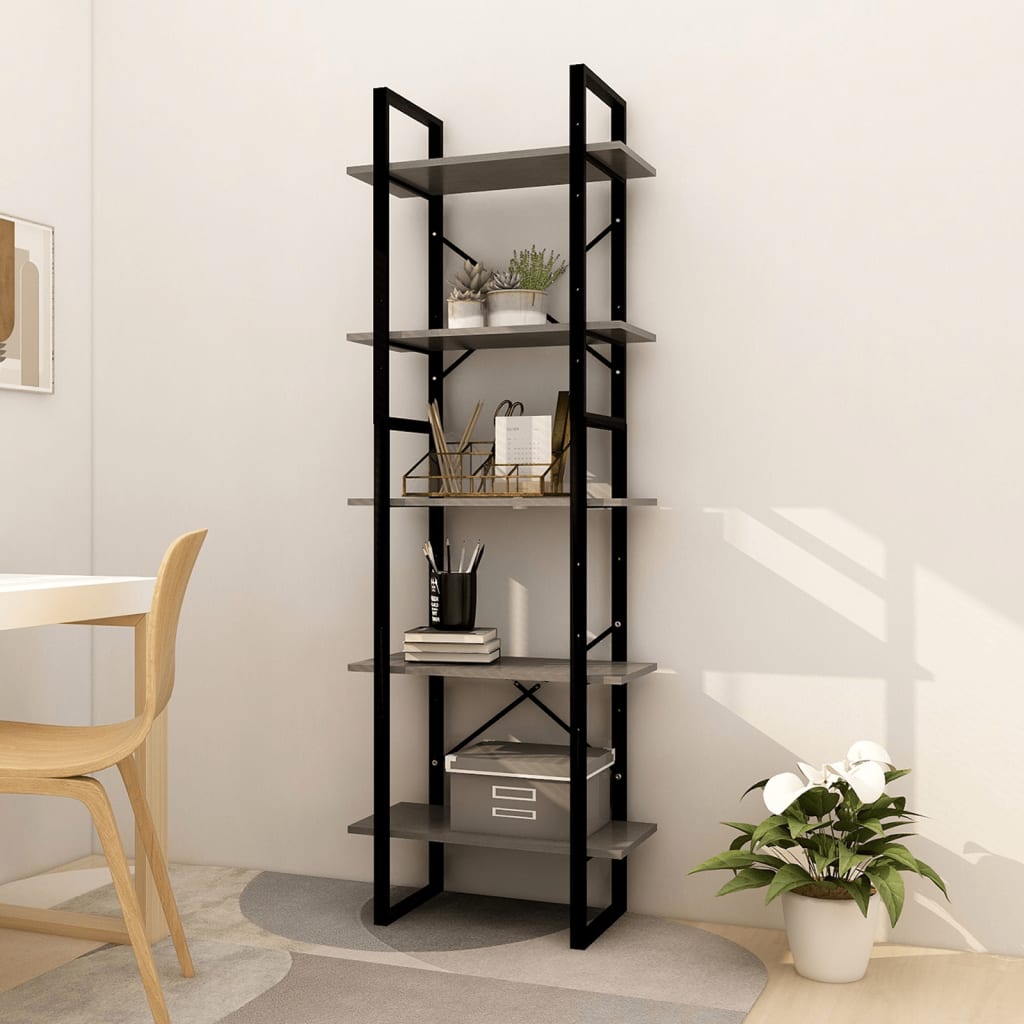 vidaXL 5-Tier Book Cabinet Gray 23.6"x11.8"x68.9" Pinewood