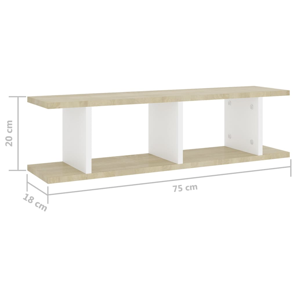 vidaXL Wall Shelves 2 pcs White and Sonoma Oak 29.5"x7.1"x7.9" Engineered Wood