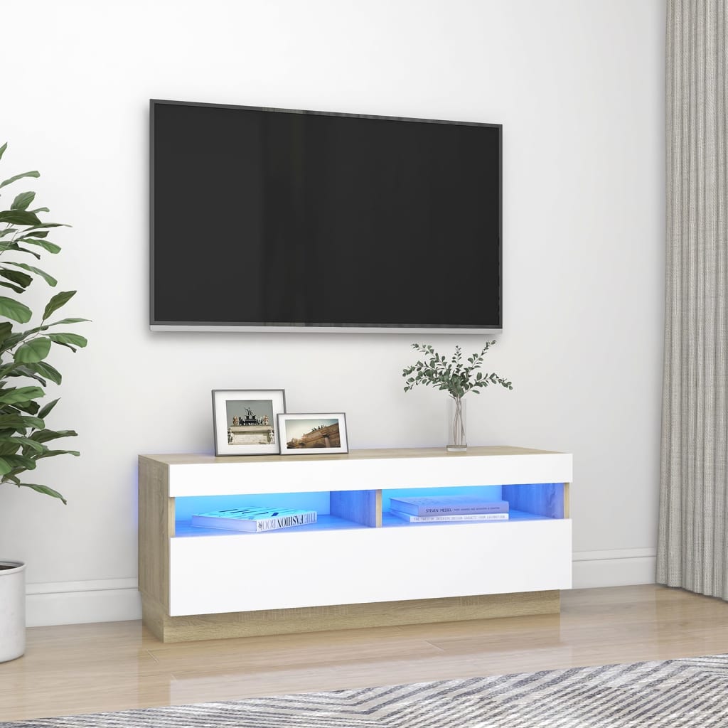 vidaXL TV Cabinet with LED Lights White and Sonoma Oak 39.4"x13.8"x15.7"