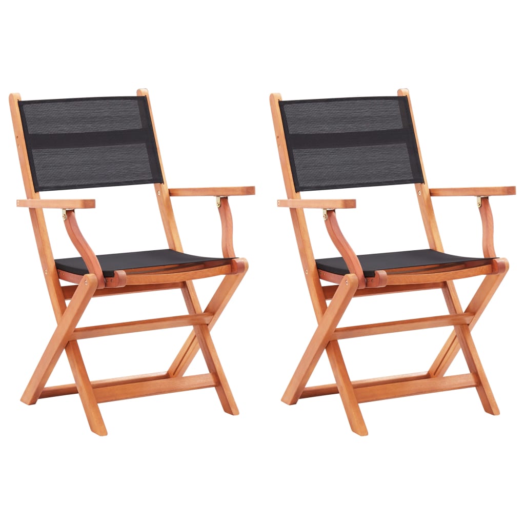 vidaXL Folding Patio Chairs 2 pcs Black Solid Wood Eucalyptus and Textilene