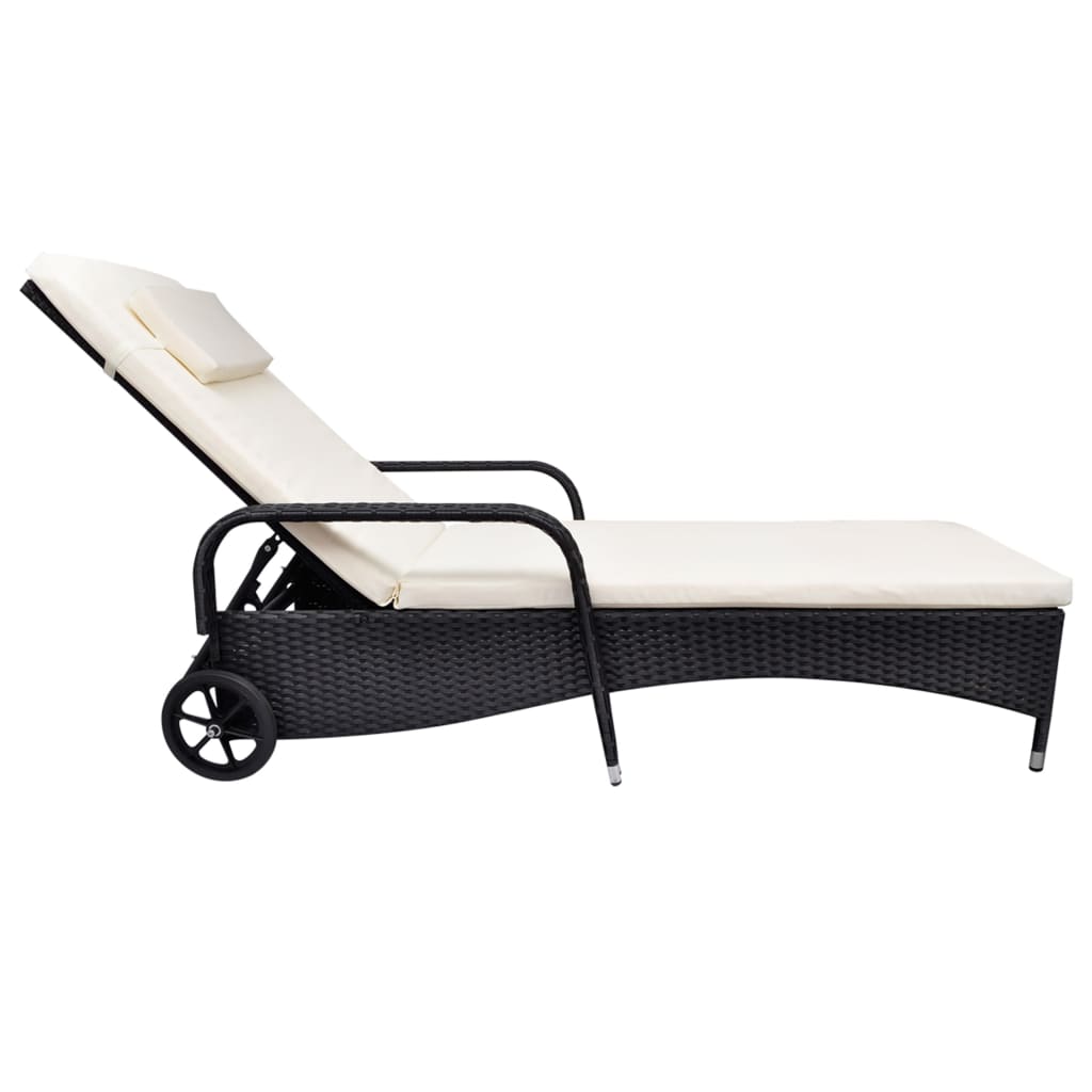 vidaXL Sun Lounger with Cushion & Wheels Poly Rattan Black