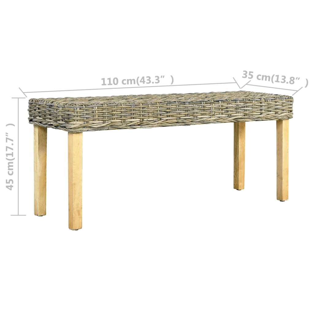 vidaXL Bench 43.3" Natural Kubu Rattan and Solid Mango Wood