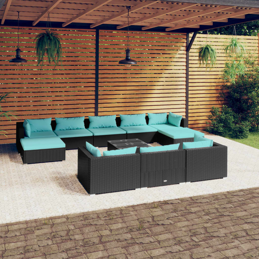 vidaXL 11 Piece Patio Lounge Set with Cushions Black Poly Rattan