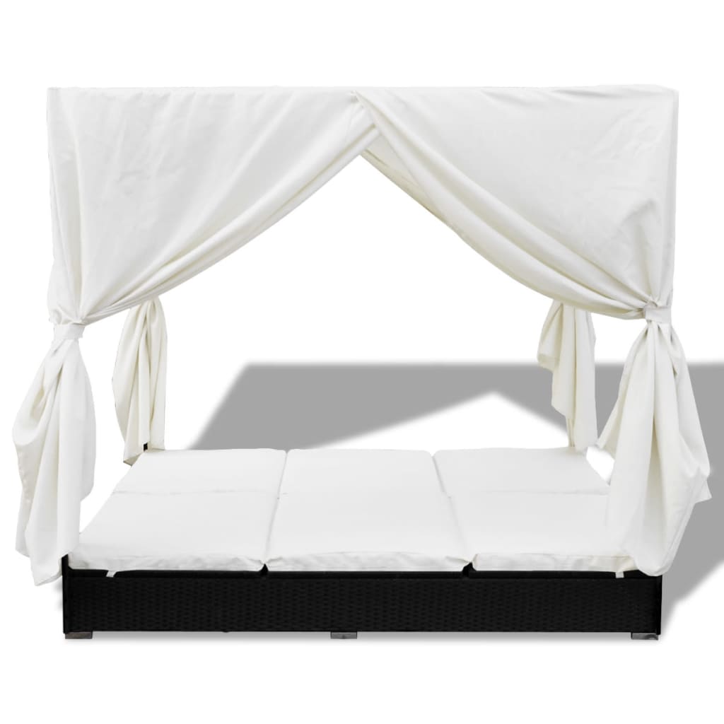 vidaXL Patio Lounge Bed with Curtains Poly Rattan Black