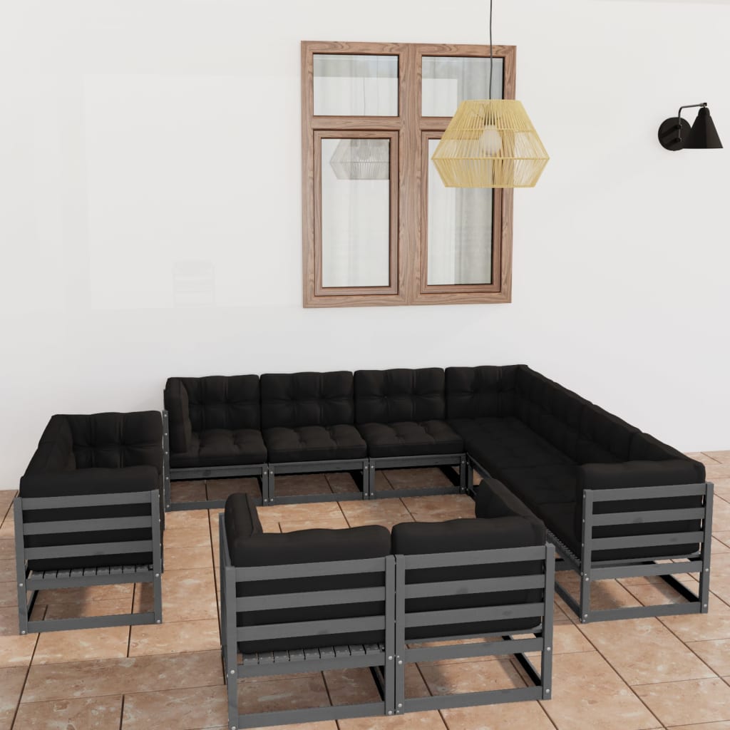 vidaXL 11 Piece Patio Lounge Set with Cushions Gray Solid Pinewood