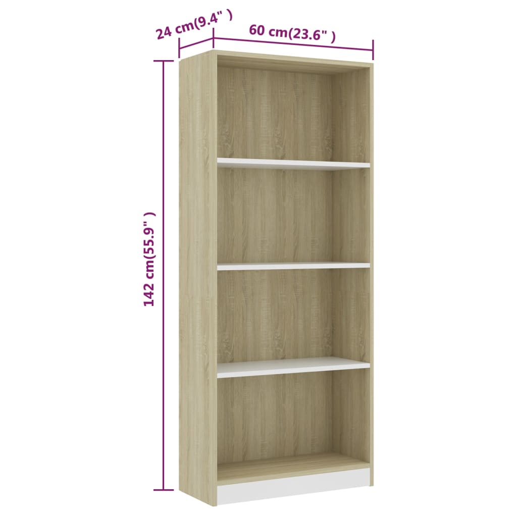 vidaXL 4-Tier Book Cabinet White and Sonoma Oak 23.6"x9.4"x55.9" Engineered Wood
