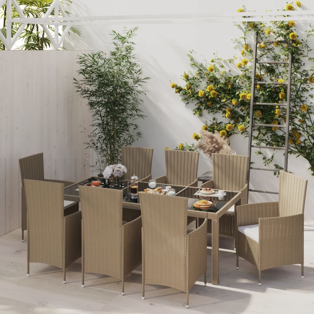vidaXL 9 Piece Outdoor Dining Set with Cushions Poly Rattan Beige